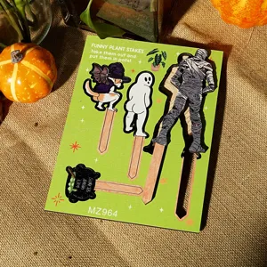 Funny wooden plant stakes for mini potted plants, cute Halloween decorative garden picks.