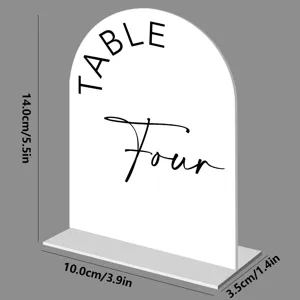 Acrylic arch table number sign detail view with dimension specs showing height and base size.
