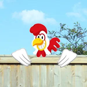 Decorazione da giardino gallo cartoon per staccionata, simpatica arte animale da esterno.
