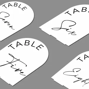 Modern arch wedding table numbers cards set, elegant black calligraphy table sign decor.