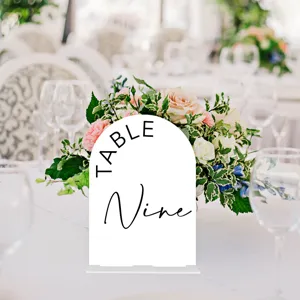 Arch acrylic wedding table number sign, white table card display for party reception decor.