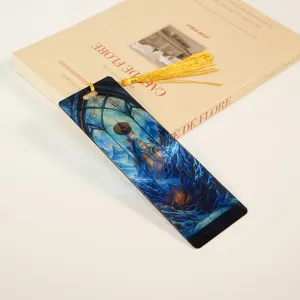 Acrylic stained glass style bookmark with gold tassel, detailed scene close-up view.