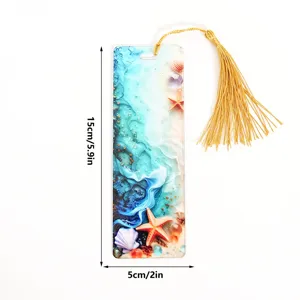 Ocean theme acrylic bookmark with gold tassel, transparent resin page marker 15cm.