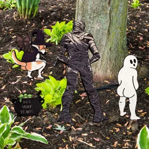 Funny wooden plant stakes set, humorous garden decor details showcasing funny cute designs.