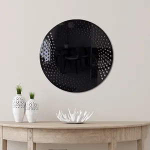 Modern round decorative wall mirror sticker with creative perforated vortex design for home decor.