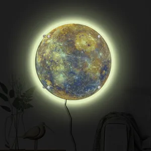 Detailed view of glowing planet wall lamp, circular LED celestial light with realistic texture.