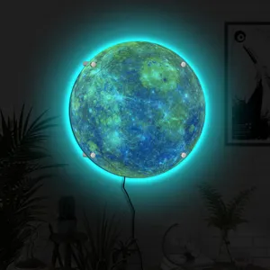 Round 3D LED planet wall lamp with glowing moon texture, perfect ambient light for room decor.
