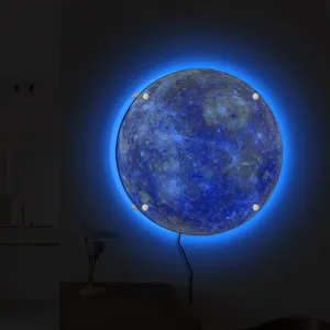 Creative LED glowing planet wall lamp, round night light with blue backlight for room decor.