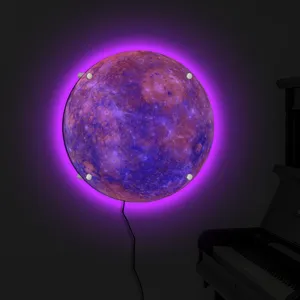 LED glowing planet wall lamp with vibrant purple backlight and unique celestial surface design.