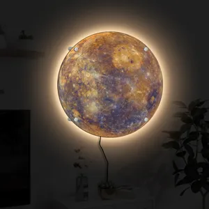 Detailed view of glowing LED planet wall lamp with realistic texture and warm lighting.