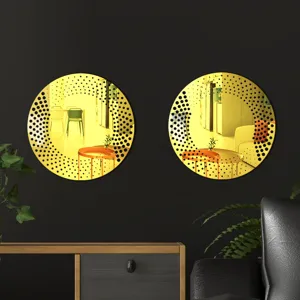 Acrylic wall mirror sticker with black dot pattern, modern round decorative mirror for home living room.