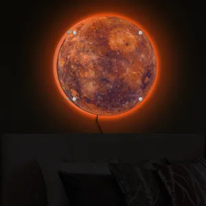 LED planet wall lamp detail with realistic surface texture and warm orange ambient bedroom lighting.