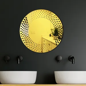 Modern circular acrylic wall mirror sticker with stylish black dot gradient pattern for home decor use.