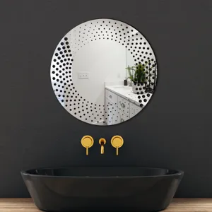 Detailed view of a round decorative wall mirror sticker with modern black dot pattern.