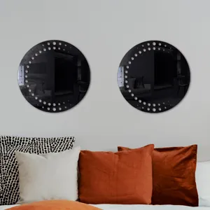 Round black decorative wall mirror set with dot pattern, acrylic wall sticker for home decor.