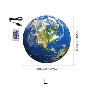 60cm LED Earth Wall Lamp planet night light with remote control and USB cable detail.