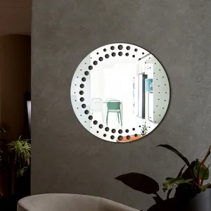 Round decorative wall mirror sticker acrylic wood home decor aesthetic interior detail view