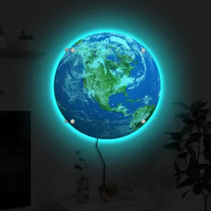 LED Earth wall lamp with vibrant blue backlight, creative glowing globe light for home decor.
