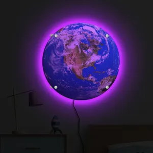 Detailed close-up shot of the glowing Earth wall lamp with purple ambient backlight.