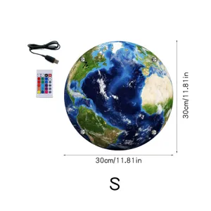 Detailed view of the 30cm 3D Earth wall lamp with remote control and USB power cable.