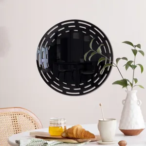 Acrylic wooden wall decorative mirror sticker detail, modern hollow round design for home decor.