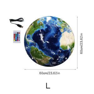 3D LED colorful earth wall lamp night light with remote control and USB cable, 60cm size.