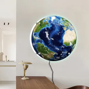 Detailed view of the glowing earth wall lamp showcasing its vibrant LED lighting and chic room decor.