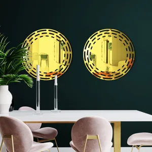 Acrylic wooden decorative wall mirror sticker, round modern cutout design for home room decor.
