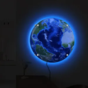 3D LED colorful Earth wall lamp glowing night light detail view with blue backlight glowing decor