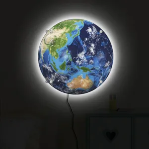 Detailed view of 3D LED glowing Earth wall lamp, perfect decorative night light for bedroom.