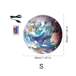 LED earth wall lamp with remote control and USB cable, glowing planet night light 30cm size.