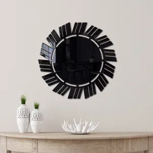 Black acrylic sunburst wall mirror sticker decorative modern home decor accent piece.