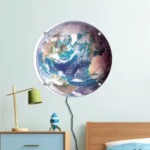 3D Earth wall lamp scene display, glowing LED planet night light for kid bedroom decor.
