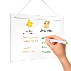 Acrylic hanging memo board detail shot, transparent dry erase board with marker for daily to do list