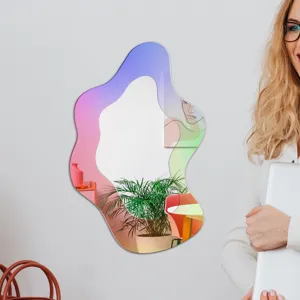 Miroir mural acrylique iridescent, autocollant décoratif forme fluide moderne pour la maison.