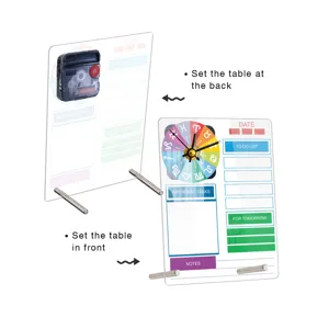 Acrylic desktop memo board with clock, erasable planning board, zodiac clock face, and metal stands.