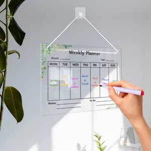 Clear acrylic weekly planner board with hanging rope, reusable wall memo board for office home.