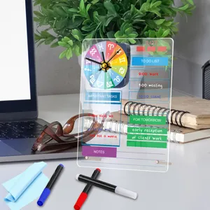 Acrylic desktop memo board with clock, clear dry erase board for office and home organization.