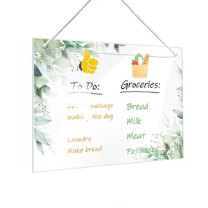 Acrylic hanging memo board with eucalyptus watercolor design, reusable dry erase family planner.