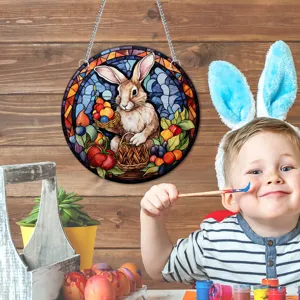 Easter bunny acrylic hanging plaque round stained glass style home wall decor holiday gift