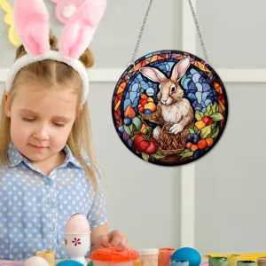 Easter acrylic hanging sign featuring stained glass rabbit and egg design for home decor.