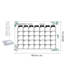Acrylic monthly plan calendar board detail showing dimensions and hanging rope accessories.