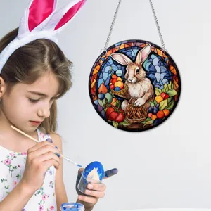 Easter bunny acrylic hanging sign stained glass style window hanging home wall decor pendant