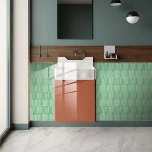 Peacock feather pattern wall tile sticker, green decorative mural for bathroom home renovation.