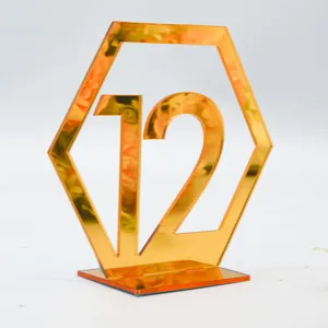Goldener Acryl Tischkarten Nummer Schild sechseckige Hochzeit Deko mit Ständer Basis 12