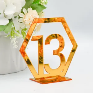 Goldener Acryl Spiegel Hochzeit Tisch Nummer 13 Sechseck Ständer Dekorationen Top.