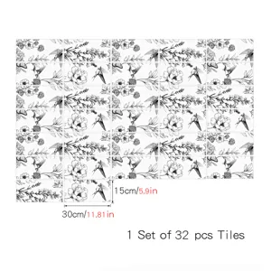 Adesivi per piastrelle in stile francese bianco e nero, arte floreale, 32 pz