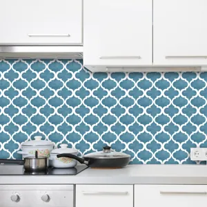 Waterproof self-adhesive Moroccan tile sticker for kitchen backsplash, DIY wall decor.
