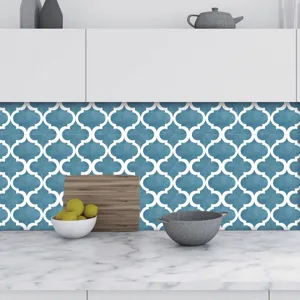 Blue and white Moroccan mosaic tile sticker, self-adhesive waterproof PVC wall decor.