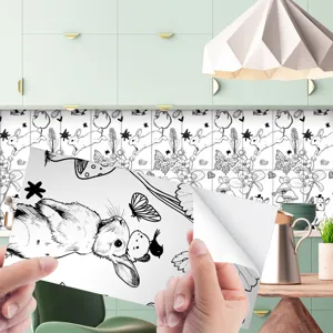 Adesivo per piastrelle nero e bianco con coniglio floreale cucina paraschizzi murale